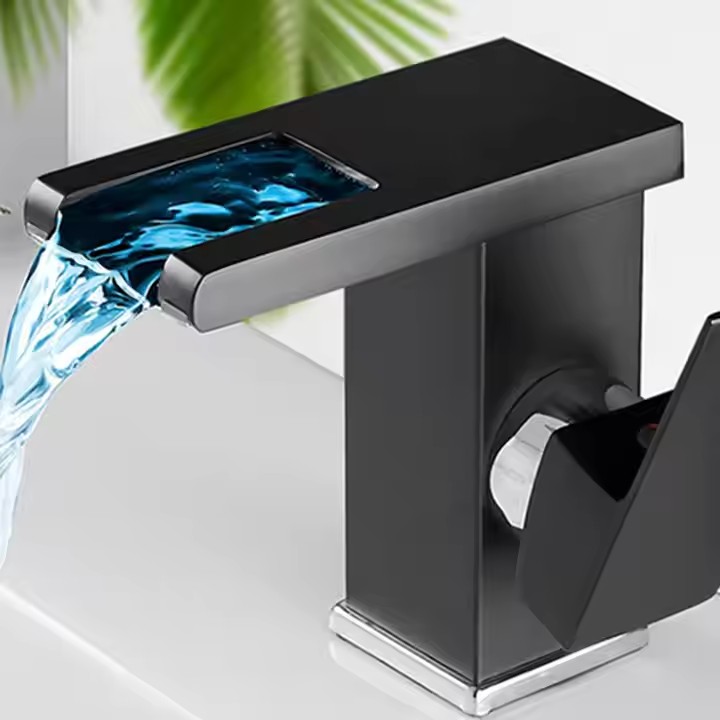  HB6034 Basin Faucet All Copper Bathroom Cabinet Waterfall Outlet Hot and Cold Faucet	With LED